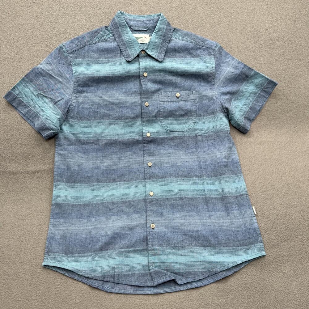 Wellen Shirt‎ Mens Small Blue Striped Organic Cotton Hemp Short Sleeve Button Up